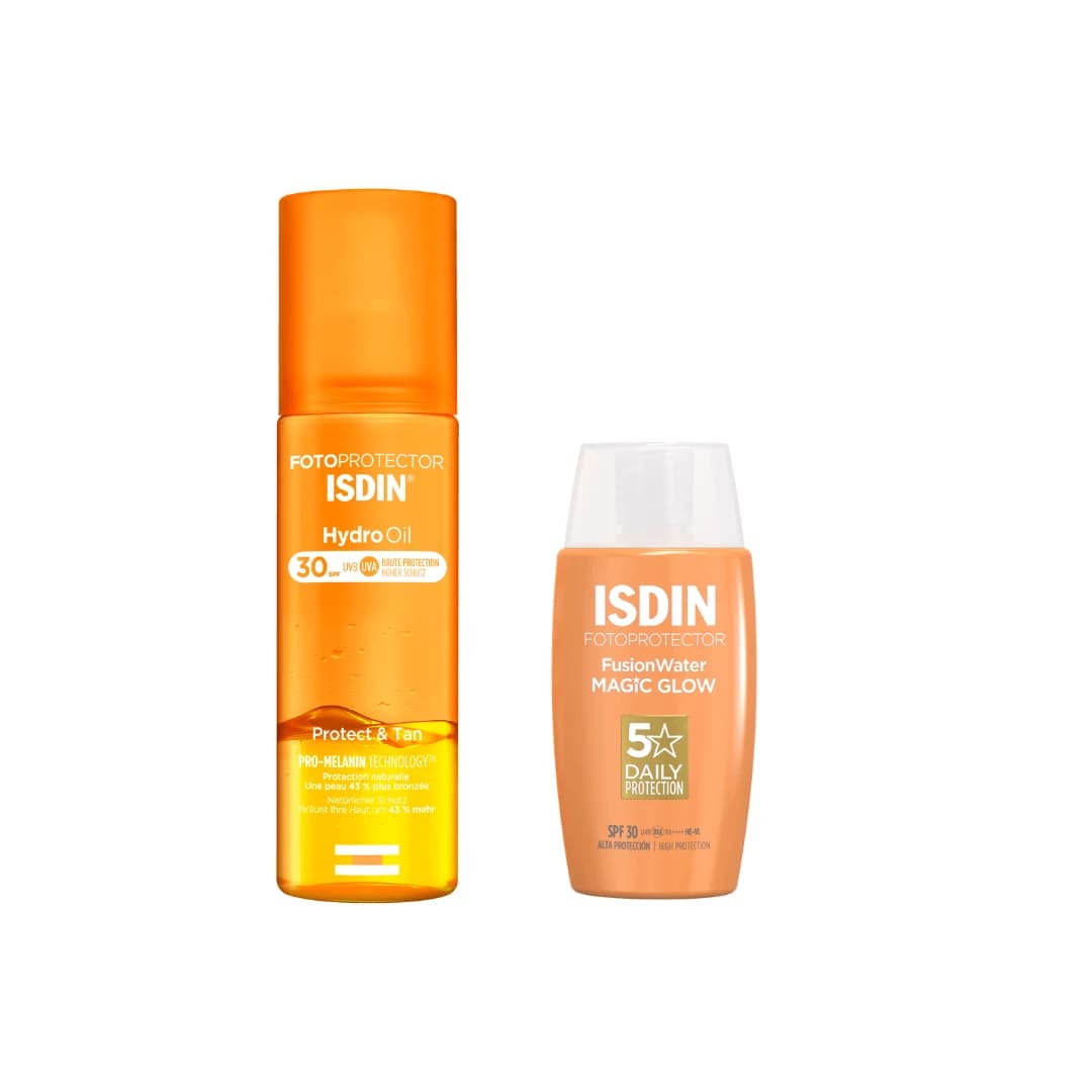 Pack ISDIN: Fotoprotector ISDIN Hydro Oil Fps 30 X 200 ml + Fusion Water Magic Glow