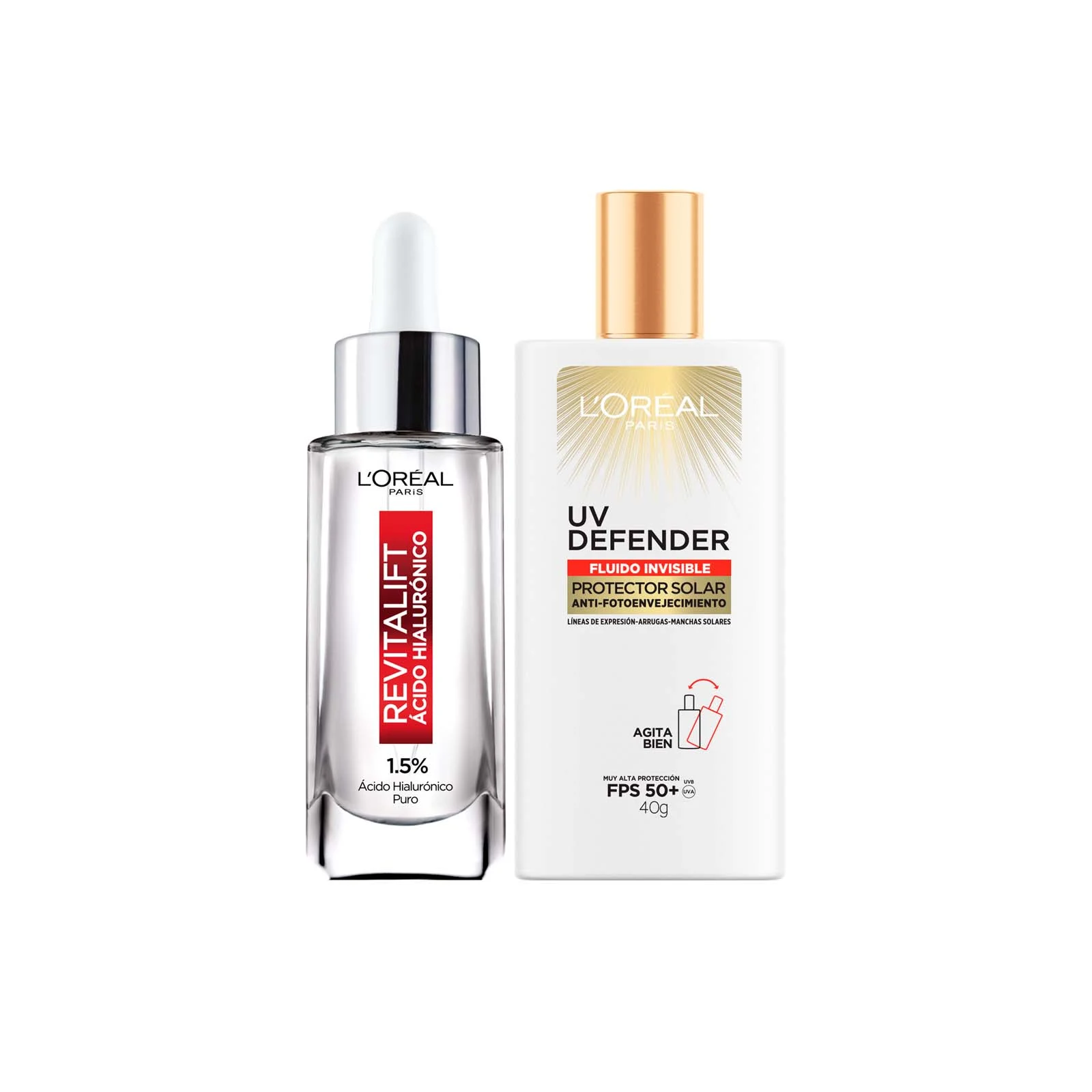 Pack L'Oreal Paris Serum Rostro Ácido Hialurónico + Protector Solar UV Defender Fluid