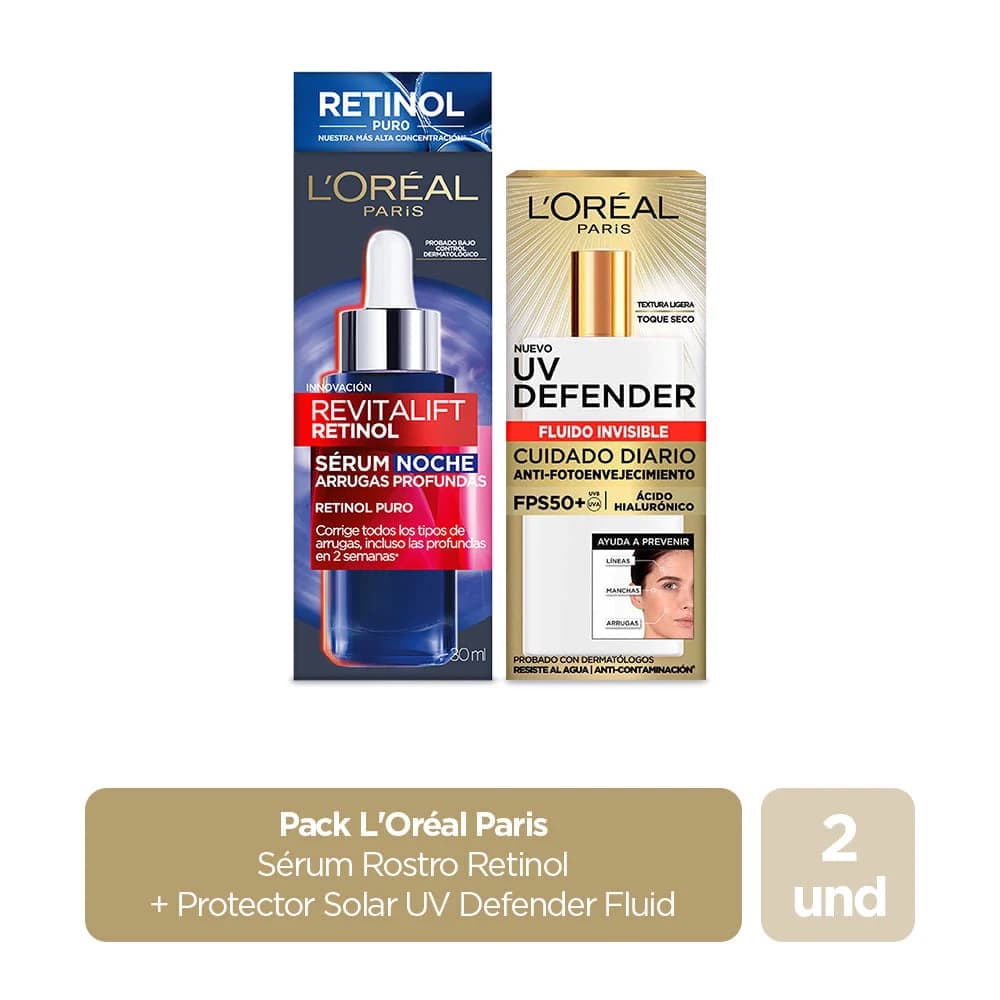 Pack L'Oreal Paris Serum Rostro Retinol + Protector Solar UV Defender Fluid